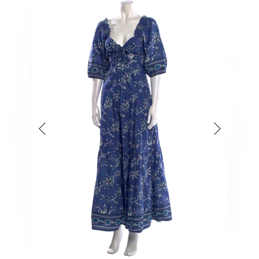 Caroline Constas Blue Floral Tiered Maxi Dress 100% Cotton Size Small